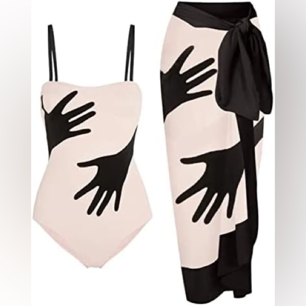 Hands graphic pink and black swimsuit and sarong cover up set